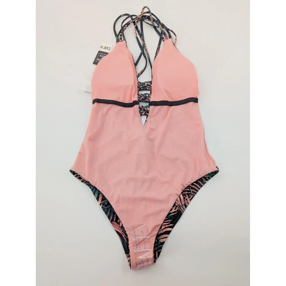 Bar III Swimsuit Women Medium One Piece Plunge Green Tropical Criss Cross Straps